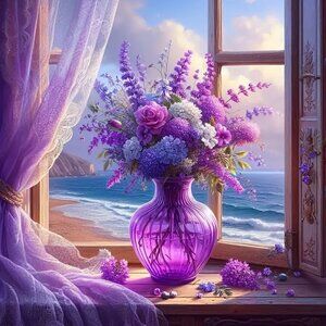 5D Beachside Windowsill Floral Theme Diamond Painting Kit #136